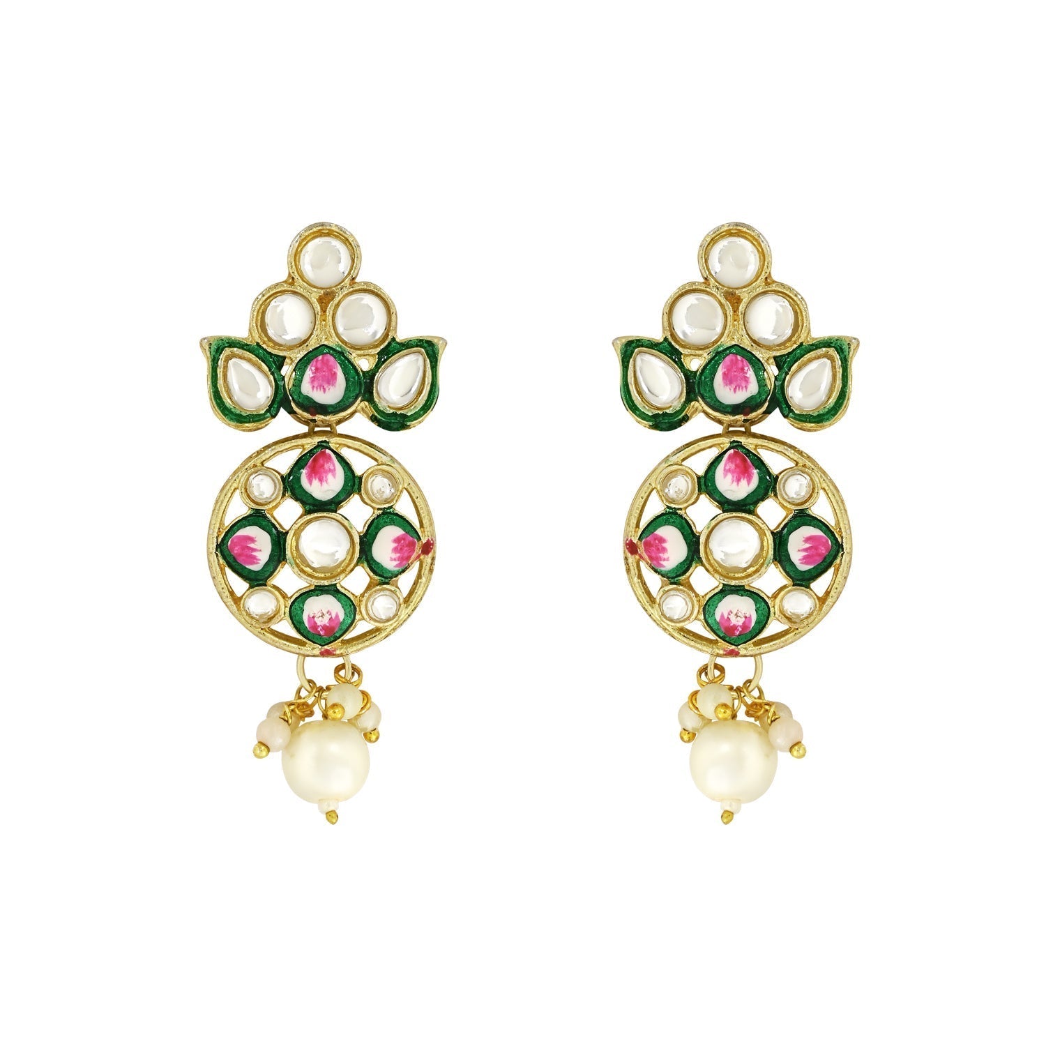 Gold-Polished Traditional Pearl Kundan Studded Meenakari Choker Necklace With Earring Set For Women/Girls - Wahe Jewels Noz2Toz