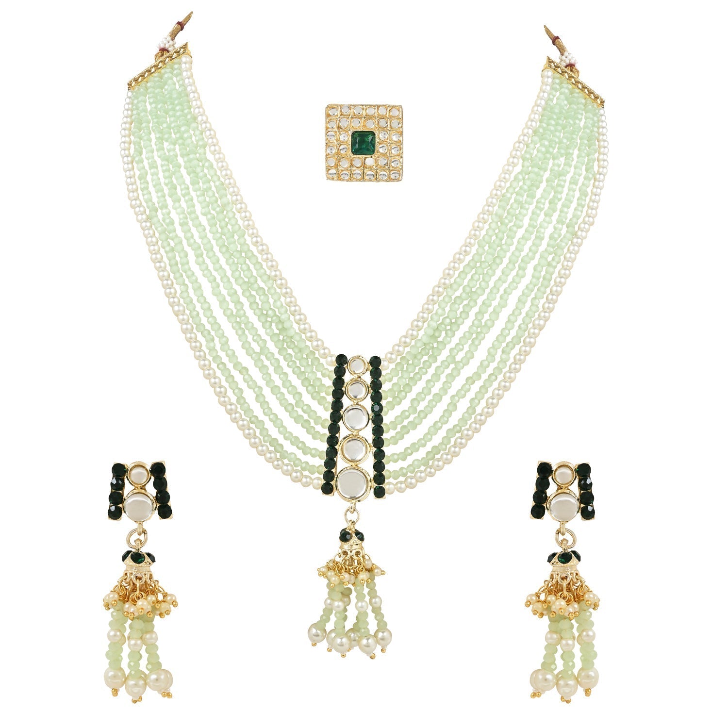 Gold-Polished Traditional Kundan & Mint Beads Multistrand Necklace With Earrings, Maang Tikka & Finger Ring Set For Women - Wahe Jewels Noz2Toz
