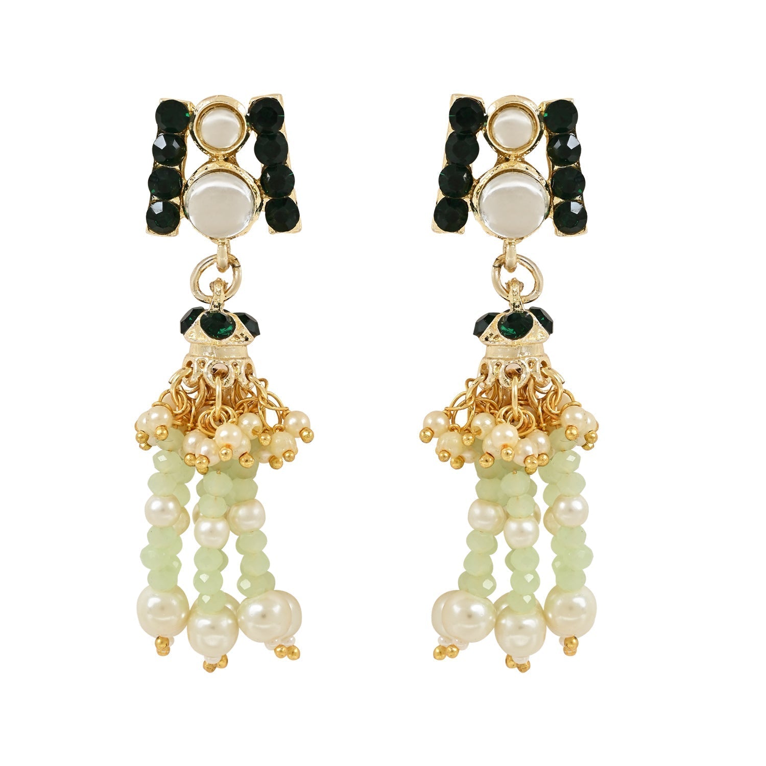 Gold-Polished Traditional Kundan & Mint Beads Multistrand Necklace With Earrings, Maang Tikka & Finger Ring Set For Women - Wahe Jewels Noz2Toz