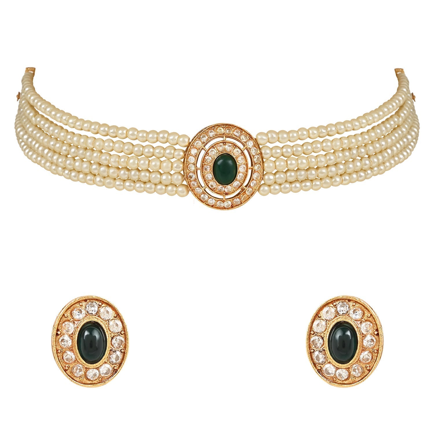 Gold-Polished Traditional Handcrafted Stone Studded Pearl Choker Necklace Jewellery Set With Earrings For Women And Girls - Wahe Jewels Noz2Toz