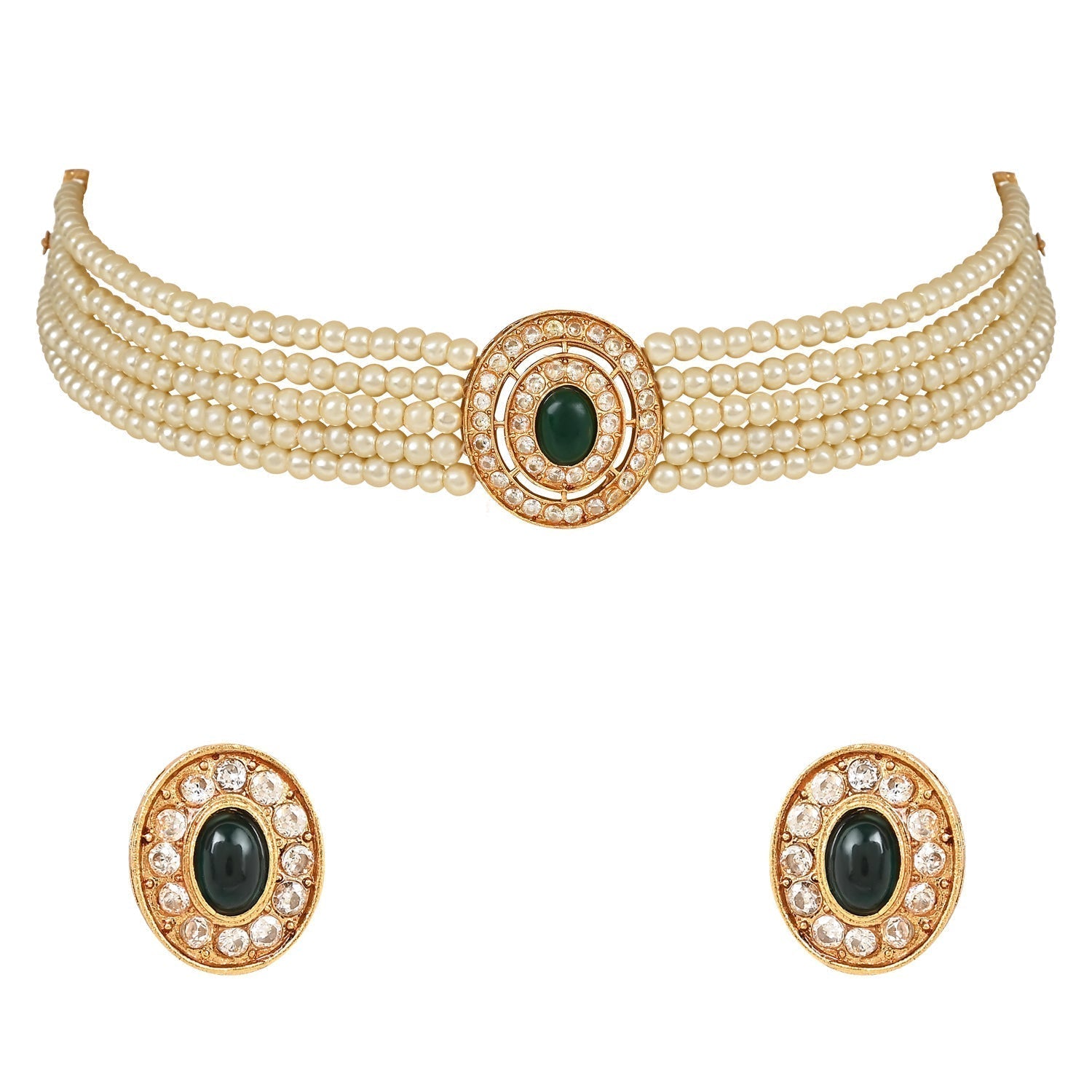 Gold-Polished Traditional Handcrafted Stone Studded Pearl Choker Necklace Jewellery Set With Earrings For Women And Girls - Wahe Jewels - Swadesiicart