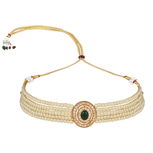 Gold-Polished Traditional Handcrafted Stone Studded Pearl Choker Necklace Jewellery Set With Earrings For Women And Girls - Wahe Jewels Noz2Toz