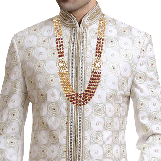 5 Layered Traditional Gold-Polished Dulha Moti Mala with Stone Maharaja Haar/Groom Necklace For Men - Wahe Jewels