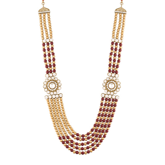 5 Layered Traditional Gold-Polished Dulha Moti Mala with Stone Maharaja Haar/Groom Necklace For Men - Wahe Jewels