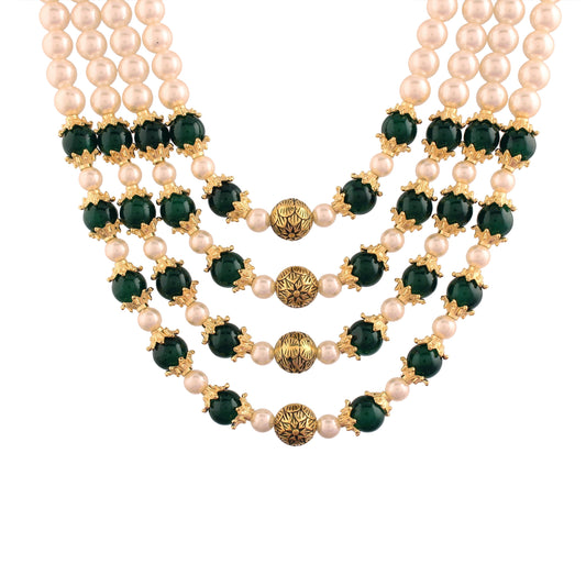 3 Layered Traditional Gold-Polished Dulha Moti Mala with Stone Maharaja Haar/Groom Necklace For Men - Wahe Jewels