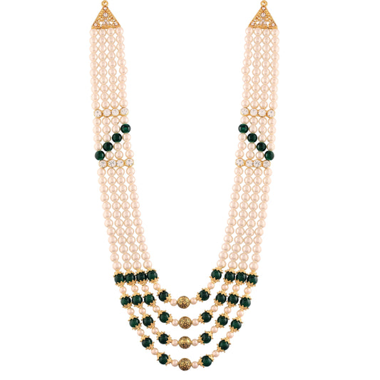 3 Layered Traditional Gold-Polished Dulha Moti Mala with Stone Maharaja Haar/Groom Necklace For Men - Wahe Jewels