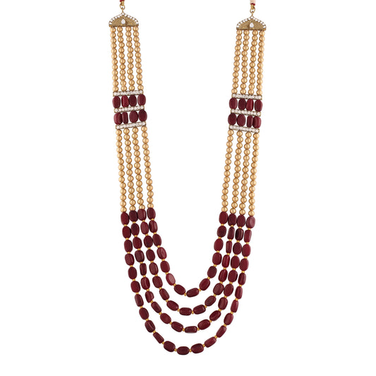 4 Layered Traditional Gold-Polished Dulha Moti Mala with Beads Maharaja Haar/Groom Necklace for Men - Wahe Jewels
