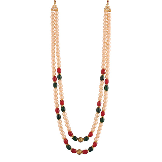 2 Layered Traditional Gold-Polished Dulha Moti Mala with Beads Maharaja Haar/Groom Long Necklace For Men - Wahe Jewels