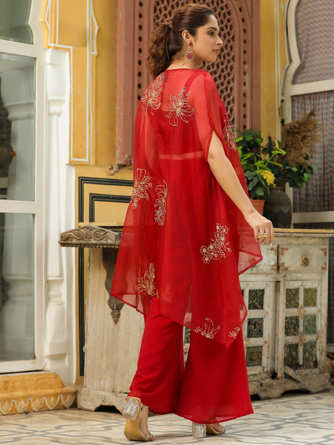 Janasya Maroon Georgette Solid Top Bottom Cape 