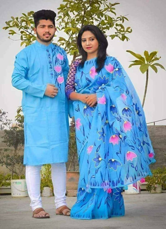 Exclusive Collection Elegant Hand Printing Designe On Pure Cotton Grab2Buy And Men's Kurta - Sky Blue 