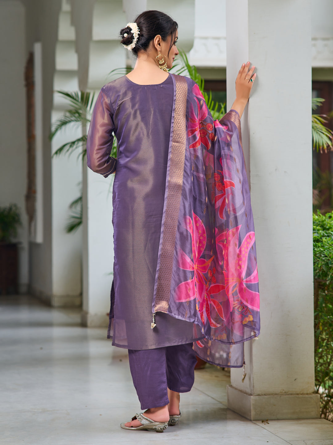 Hand Embroidered Silk Kurta With Embroidered Pant & Printed Organza Dupatta, Purple - Hiral Fashion