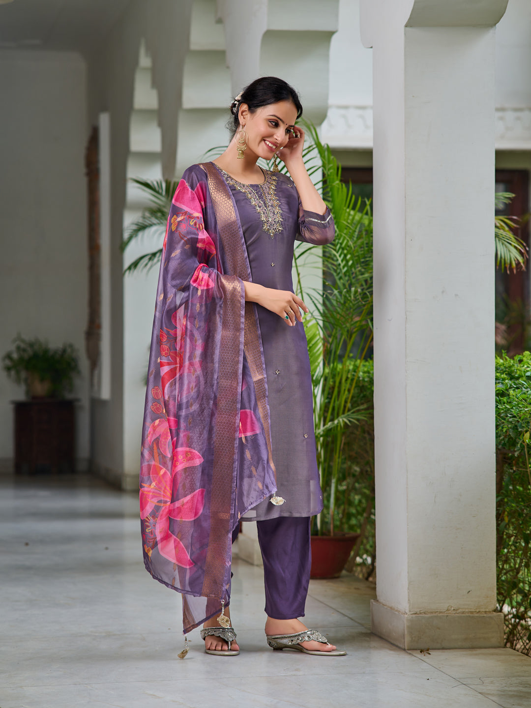 Hand Embroidered Silk Kurta With Embroidered Pant & Printed Organza Dupatta, Purple - Hiral Fashion
