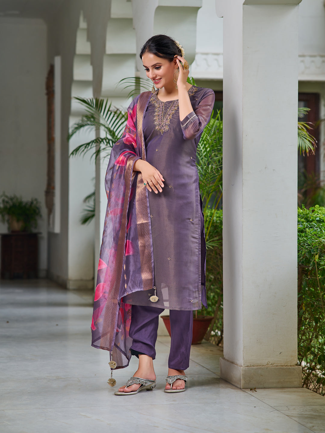 Hand Embroidered Silk Kurta With Embroidered Pant & Printed Organza Dupatta, Purple - Hiral Fashion