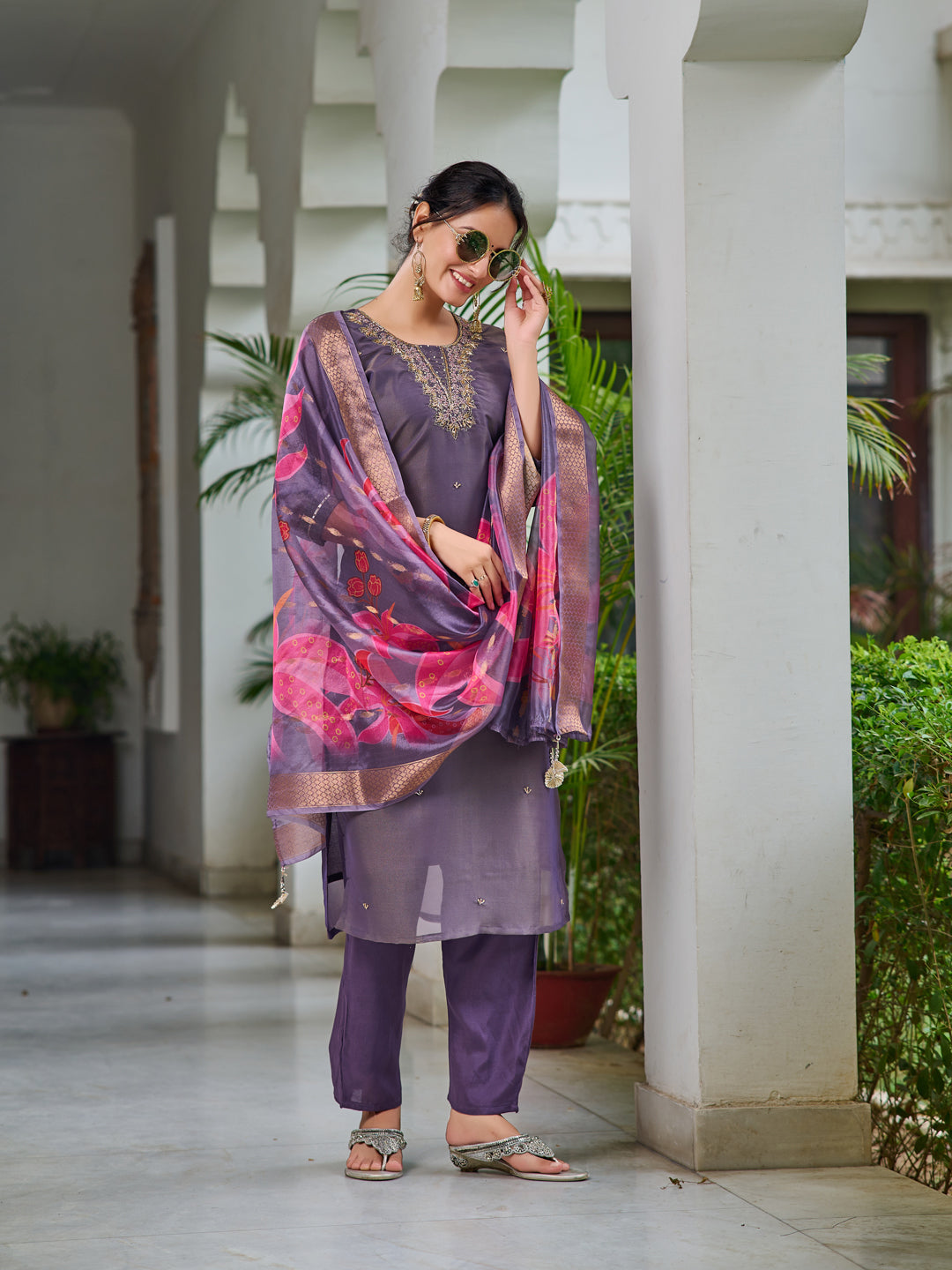 Hand Embroidered Silk Kurta With Embroidered Pant & Printed Organza Dupatta, Purple - Hiral Fashion