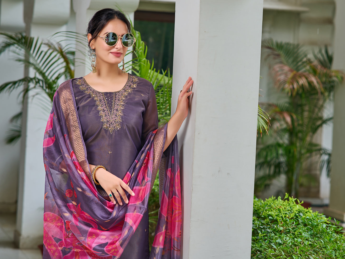 Hand Embroidered Silk Kurta With Embroidered Pant & Printed Organza Dupatta, Purple - Hiral Fashion