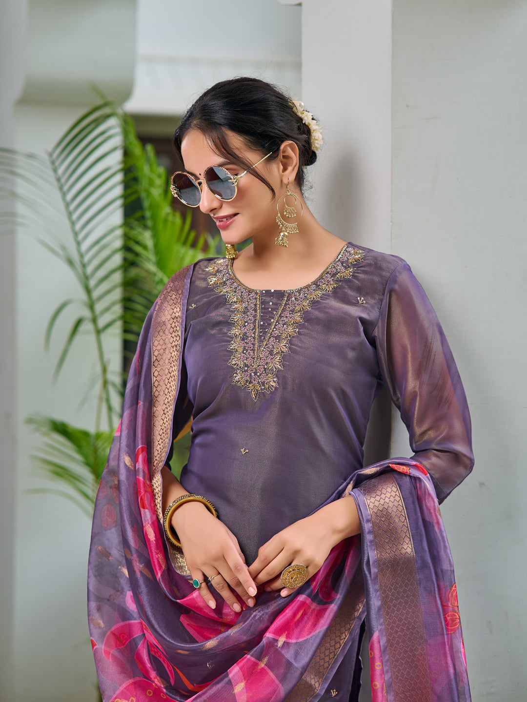 Hand Embroidered Silk Kurta With Embroidered Pant & Printed Organza Dupatta, Purple - Hiral Fashion