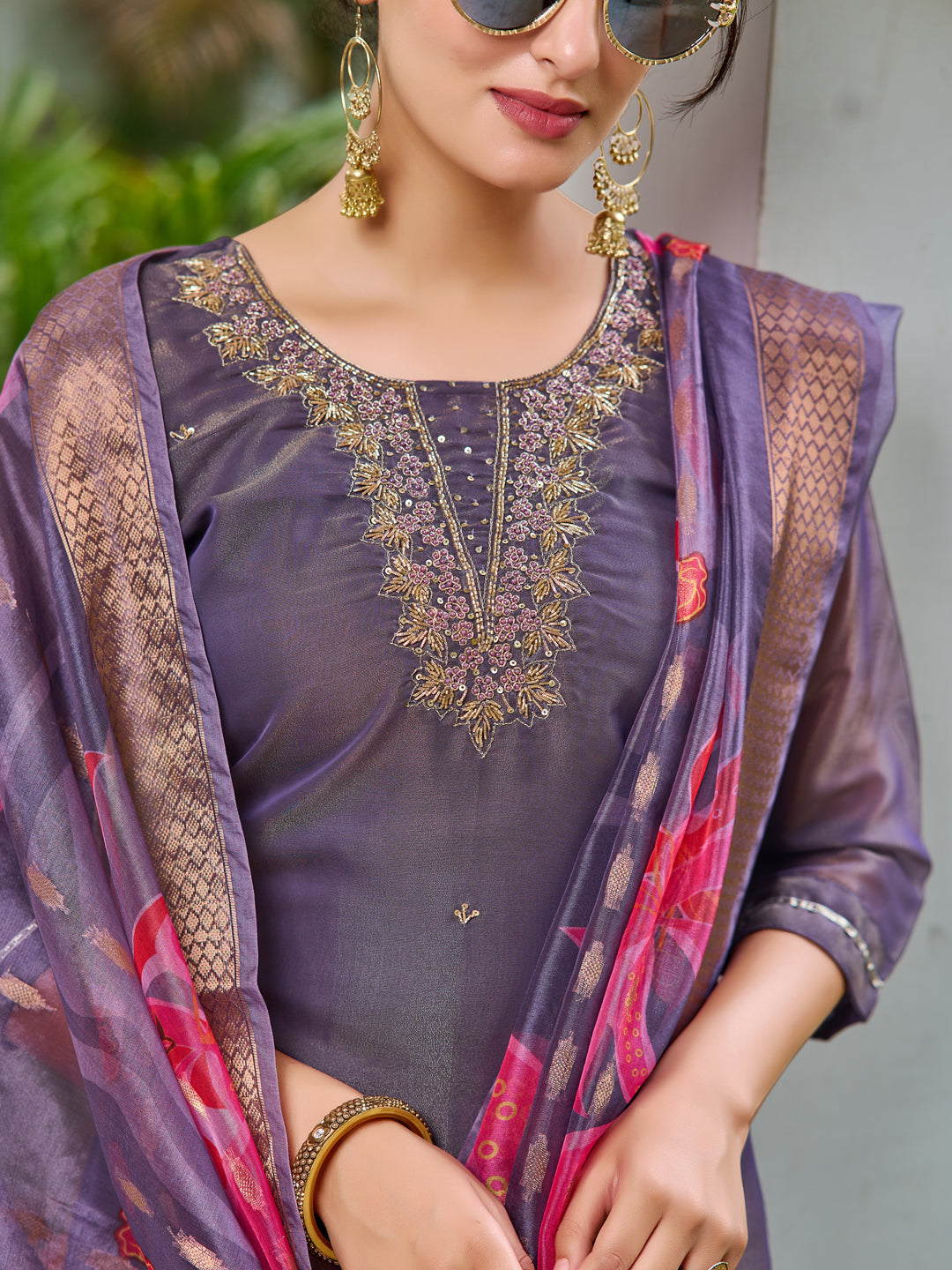 Hand Embroidered Silk Kurta With Embroidered Pant & Printed Organza Dupatta, Purple - Hiral Fashion