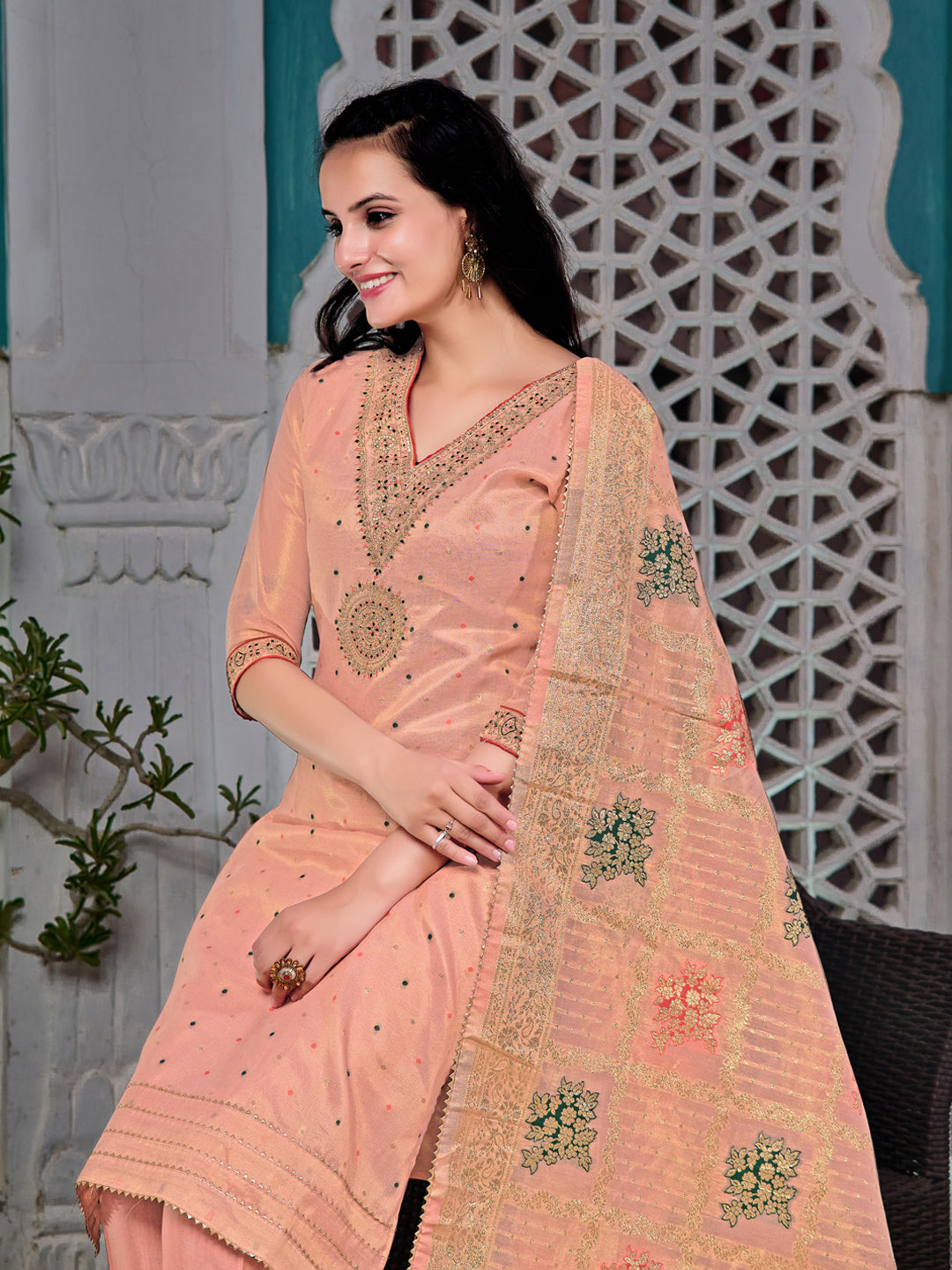 Embroidered Jacquard Silk Kurta With Pant & Jacquard Banarasi Dupatta, Peach - Hiral Fashion