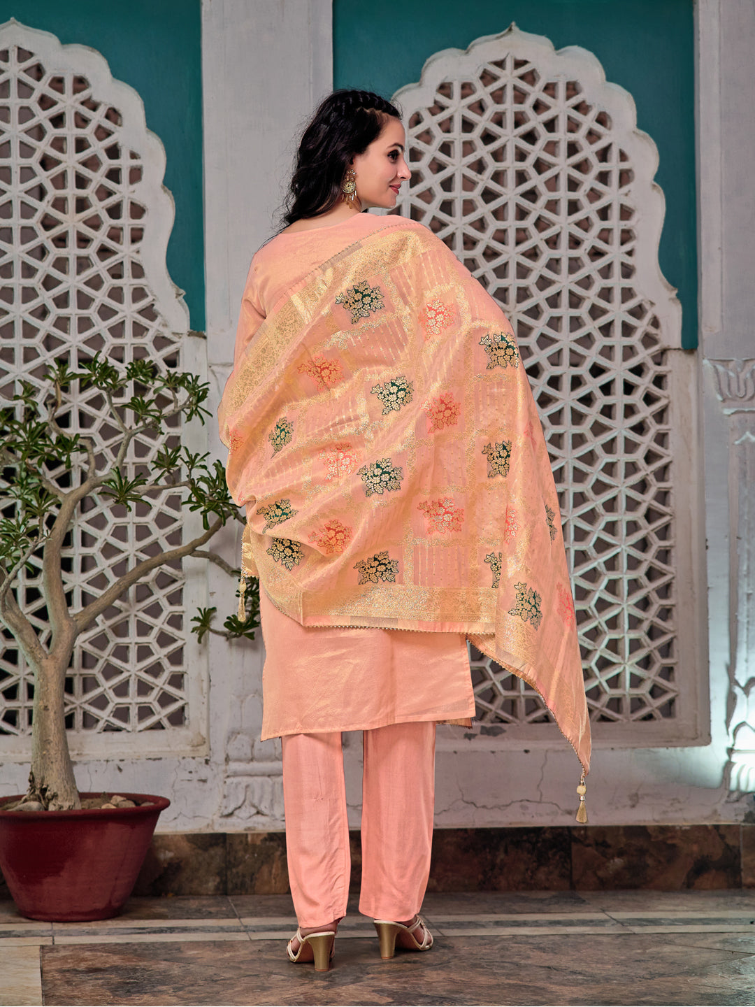 Embroidered Jacquard Silk Kurta With Pant & Jacquard Banarasi Dupatta, Peach - Hiral Fashion