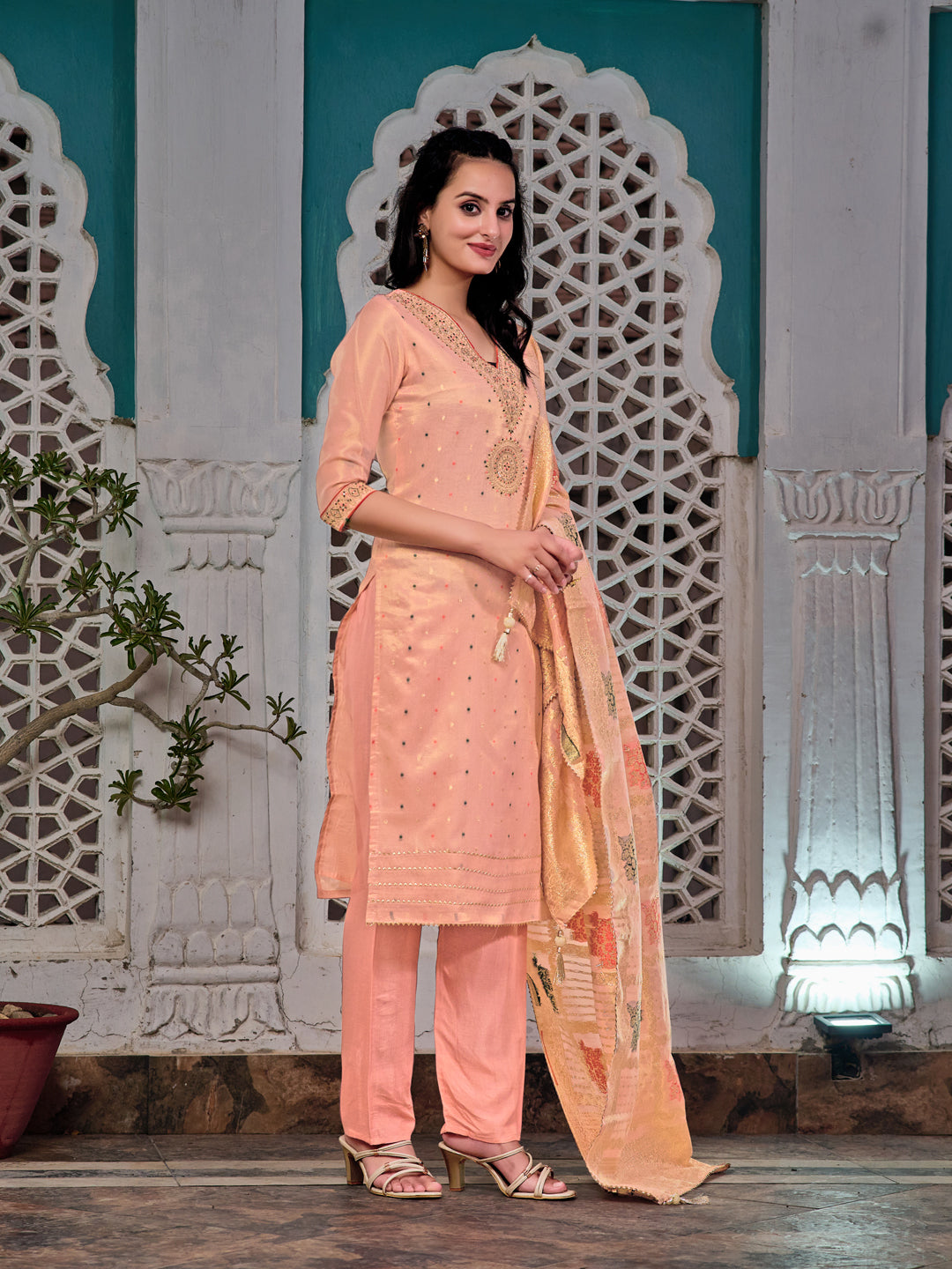Embroidered Jacquard Silk Kurta With Pant & Jacquard Banarasi Dupatta, Peach - Hiral Fashion