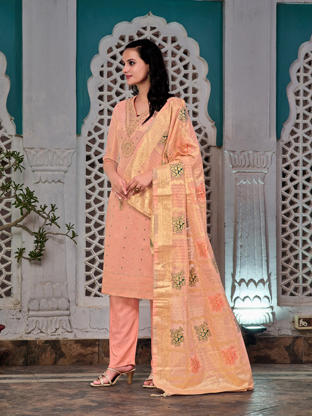 Embroidered Jacquard Silk Kurta With Pant & Jacquard Banarasi Dupatta, Peach - Hiral Fashion