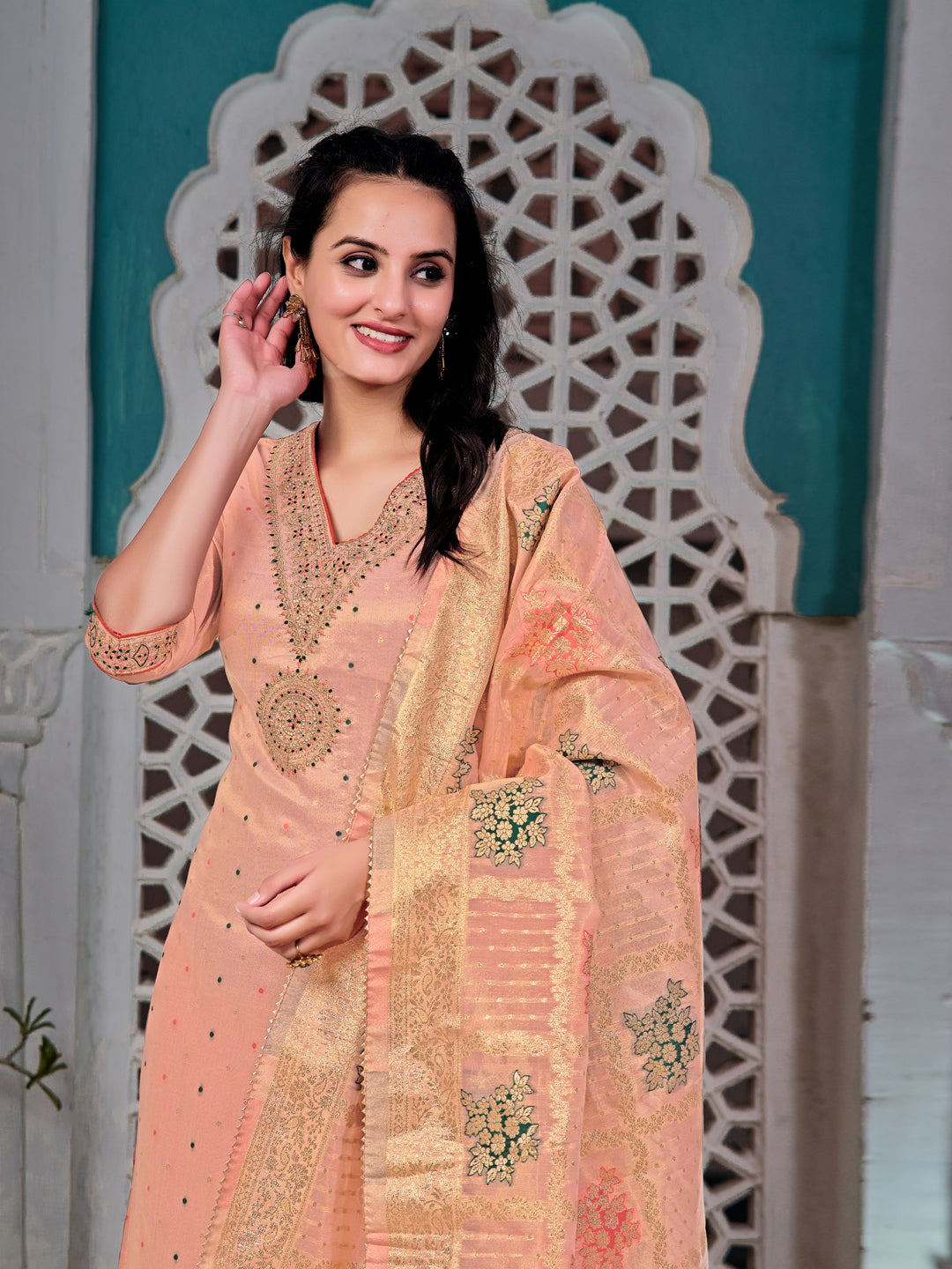 Embroidered Jacquard Silk Kurta With Pant & Jacquard Banarasi Dupatta, Peach - Hiral Fashion