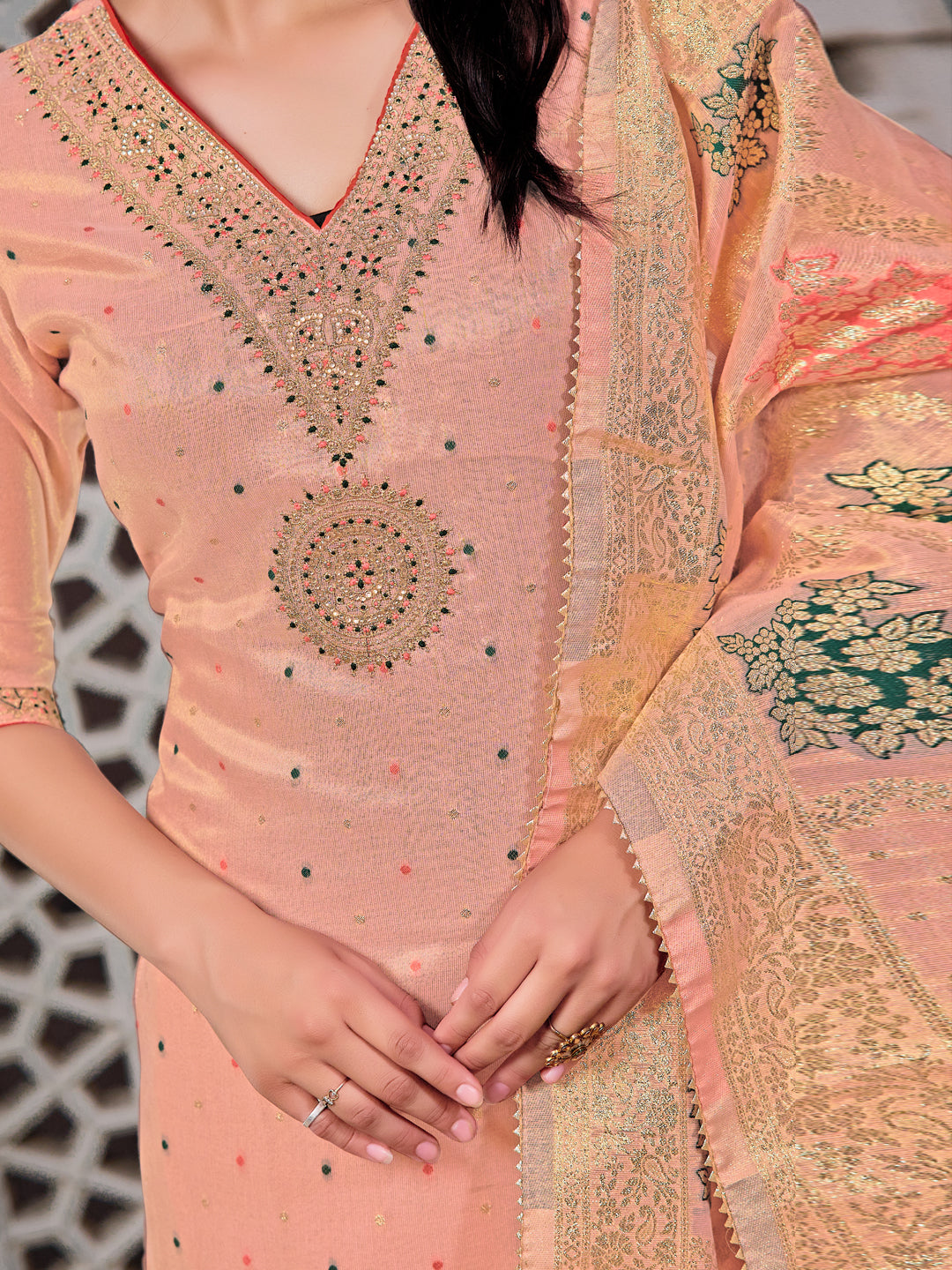 Embroidered Jacquard Silk Kurta With Pant & Jacquard Banarasi Dupatta, Peach - Hiral Fashion