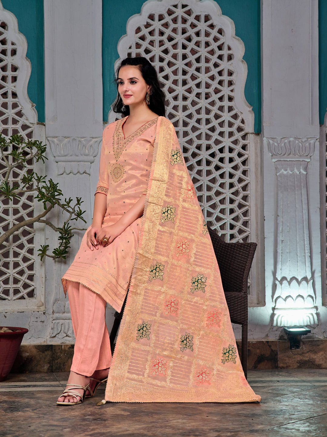 Embroidered Jacquard Silk Kurta With Pant & Jacquard Banarasi Dupatta, Peach - Hiral Fashion