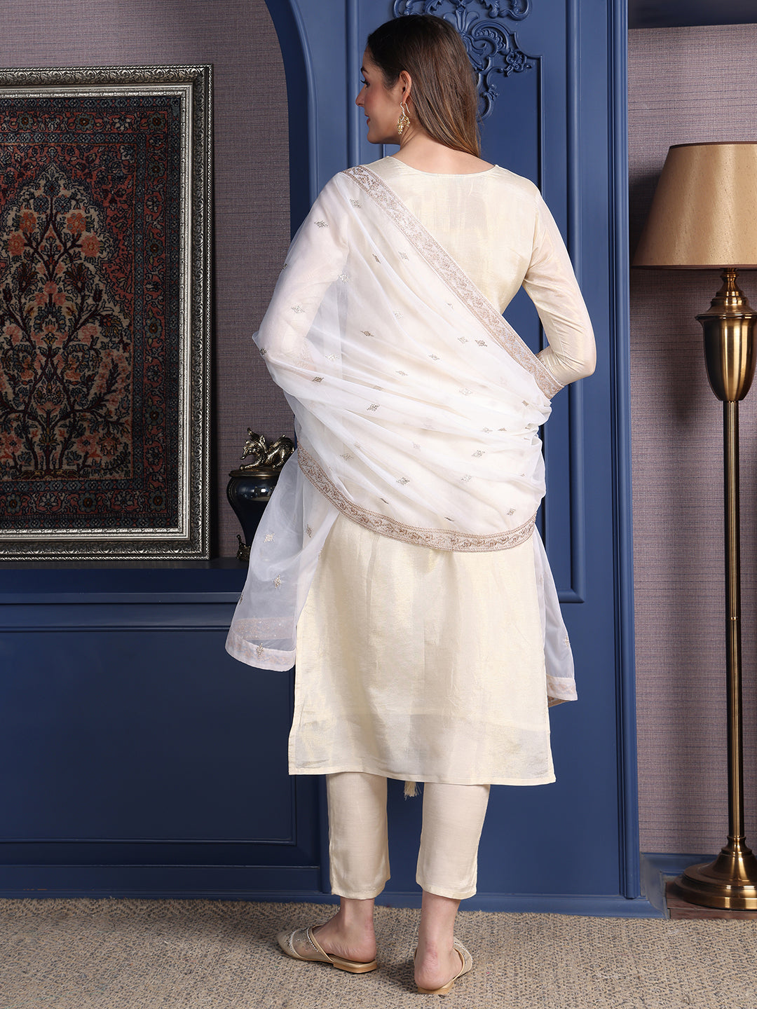 Embroidered Banarasi Jacquard Kurta With Pant & Embroidered Dupatta, Cream - Hiral Fashion