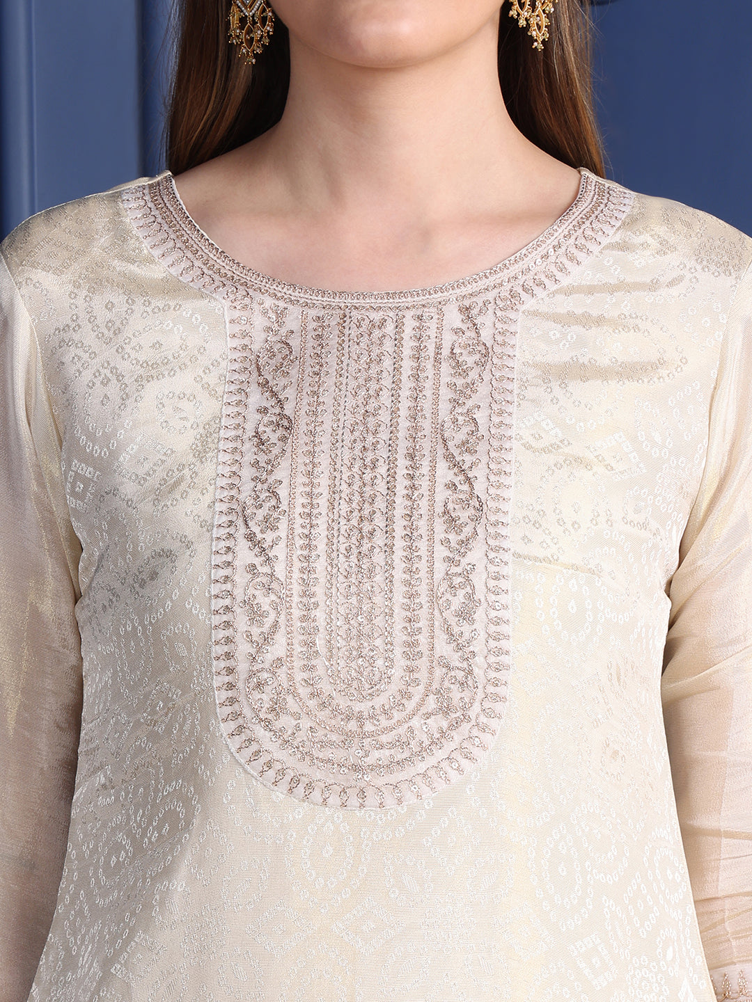 Embroidered Banarasi Jacquard Kurta With Pant & Embroidered Dupatta, Cream - Hiral Fashion