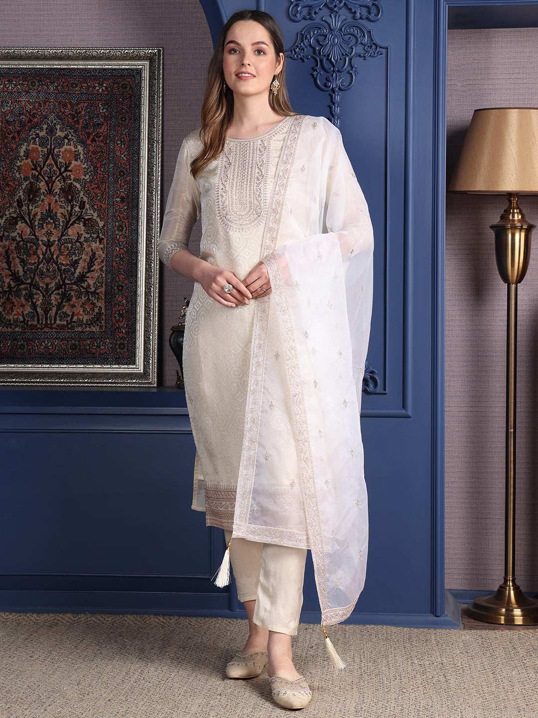 Embroidered Banarasi Jacquard Kurta With Pant & Embroidered Dupatta, Cream - Hiral Fashion