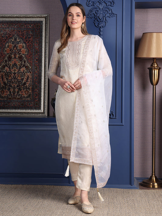 Embroidered Banarasi Jacquard Kurta With Pant & Embroidered Dupatta, Cream - Hiral Fashion