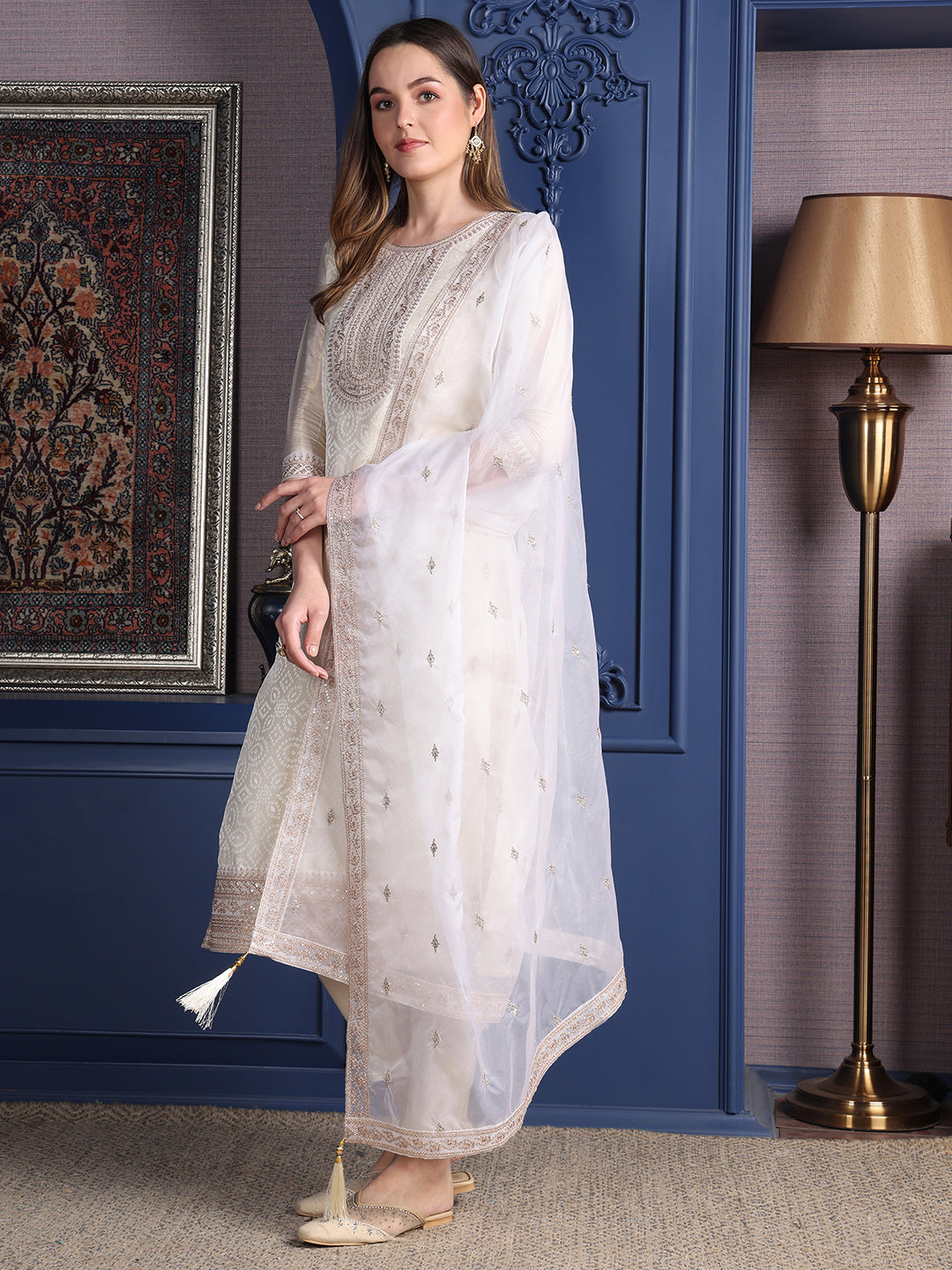 Embroidered Banarasi Jacquard Kurta With Pant & Embroidered Dupatta, Cream - Hiral Fashion