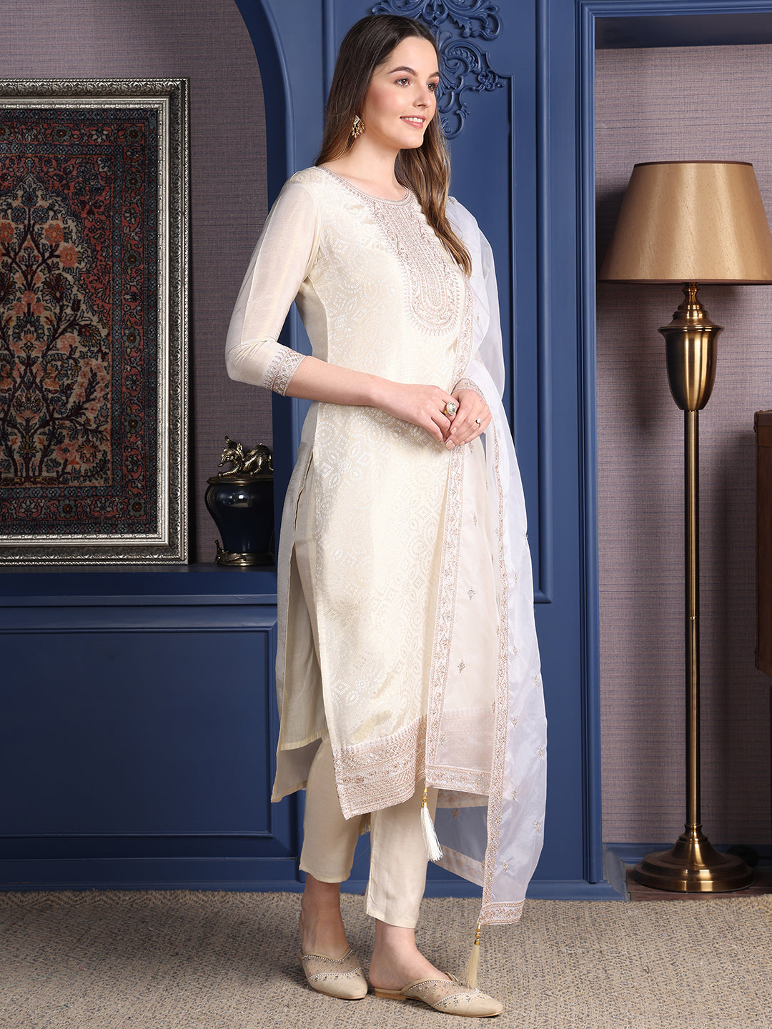 Embroidered Banarasi Jacquard Kurta With Pant & Embroidered Dupatta, Cream - Hiral Fashion