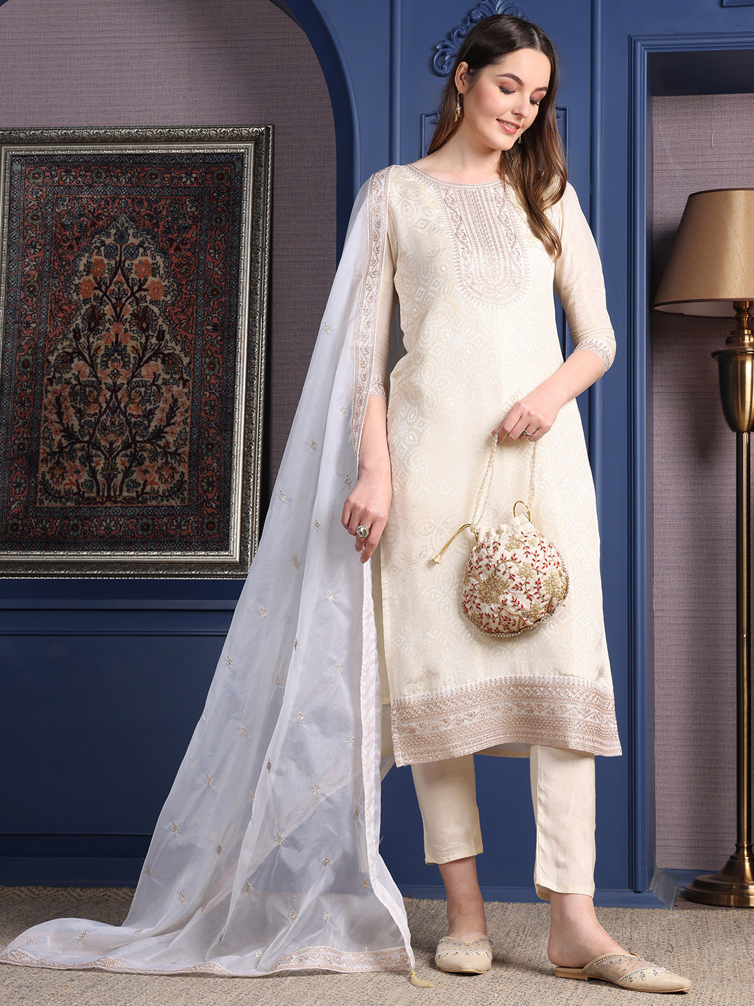 Embroidered Banarasi Jacquard Kurta With Pant & Embroidered Dupatta, Cream - Hiral Fashion