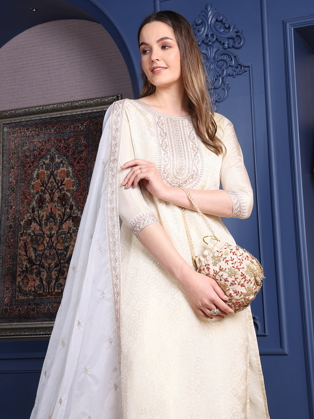 Embroidered Banarasi Jacquard Kurta With Pant & Embroidered Dupatta, Cream - Hiral Fashion