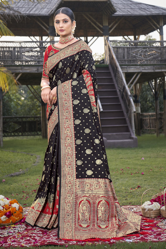 MANOHARI Banarasi Silk Blend Jacquard Work Saree - Black