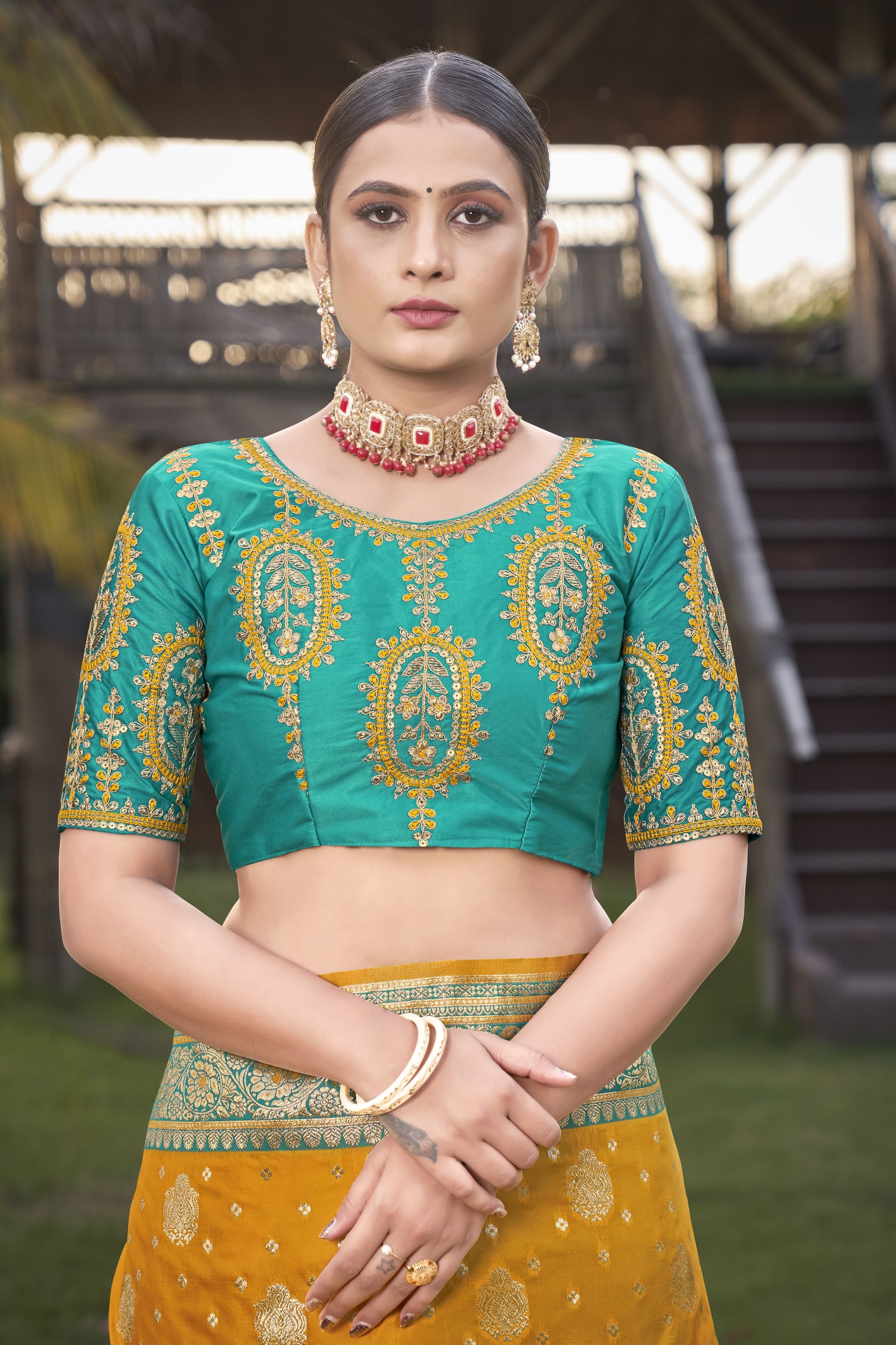 MANOHARI Banarasi Silk Blend Jacquard Work Saree - Mustard