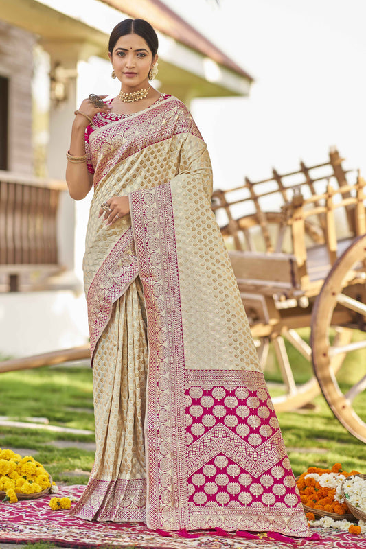 MANOHARI Banarasi Silk Blend Jacquard Work Saree - White