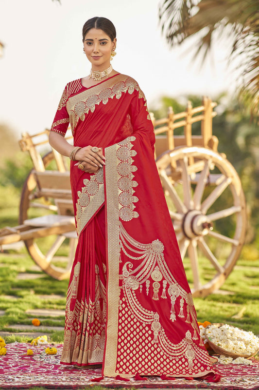 MANOHARI Banarasi Silk Blend Jacquard Work Saree - Red