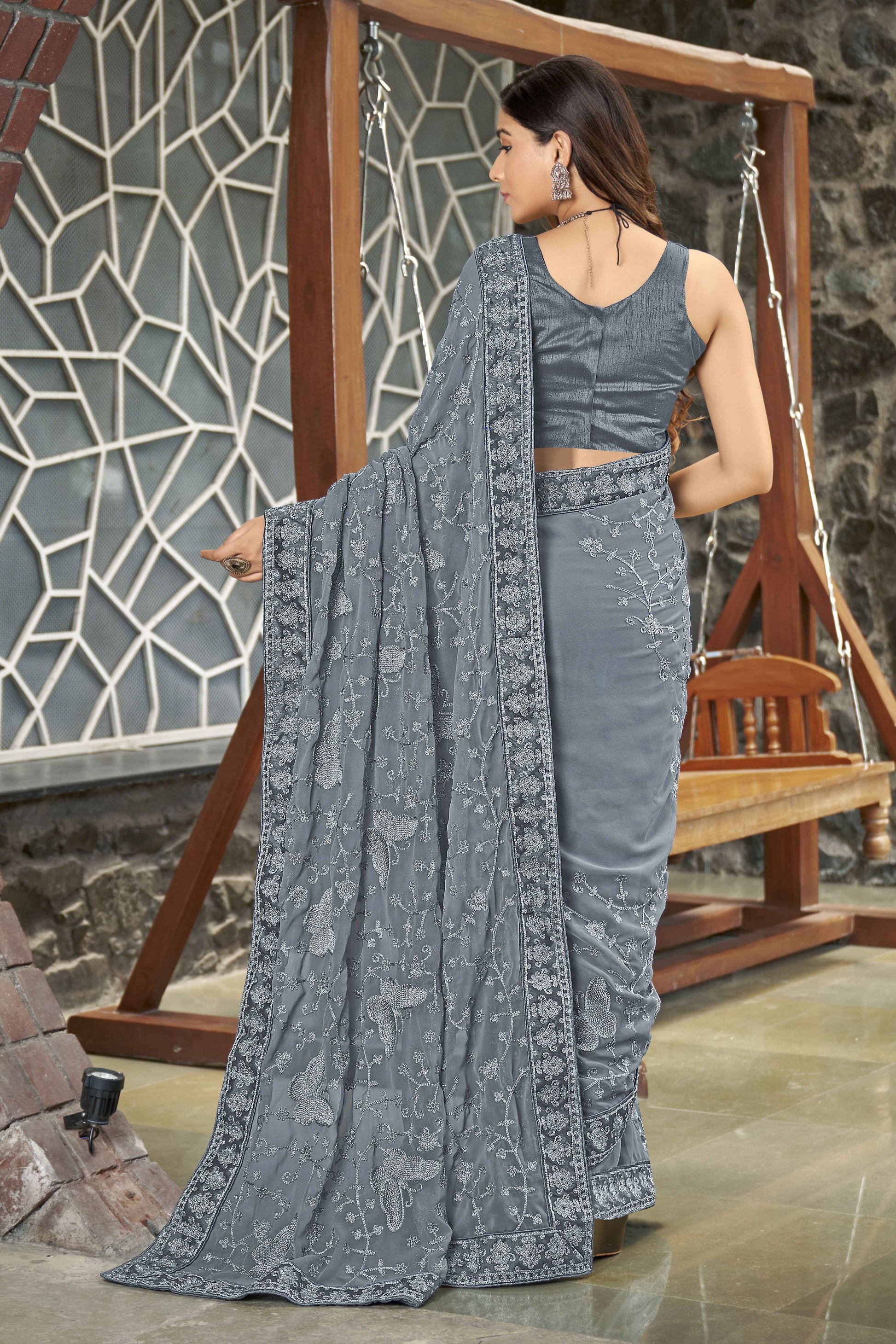 MANOHARI Georgette Embroidered Work Saree - Grey