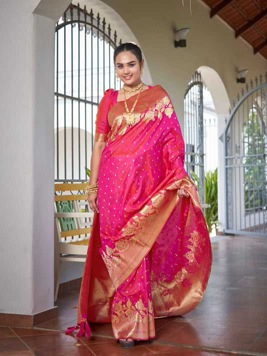 MANOHARI Banarasi Silk Blend Jacquard Work Saree - Pink