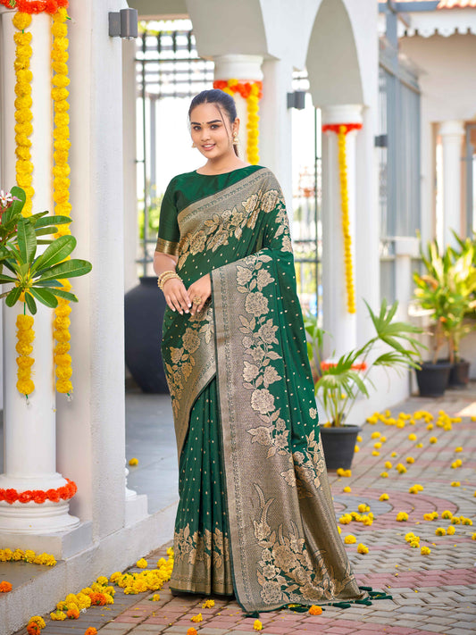 MANOHARI Banarasi Silk Blend Jacquard Work Saree - Green