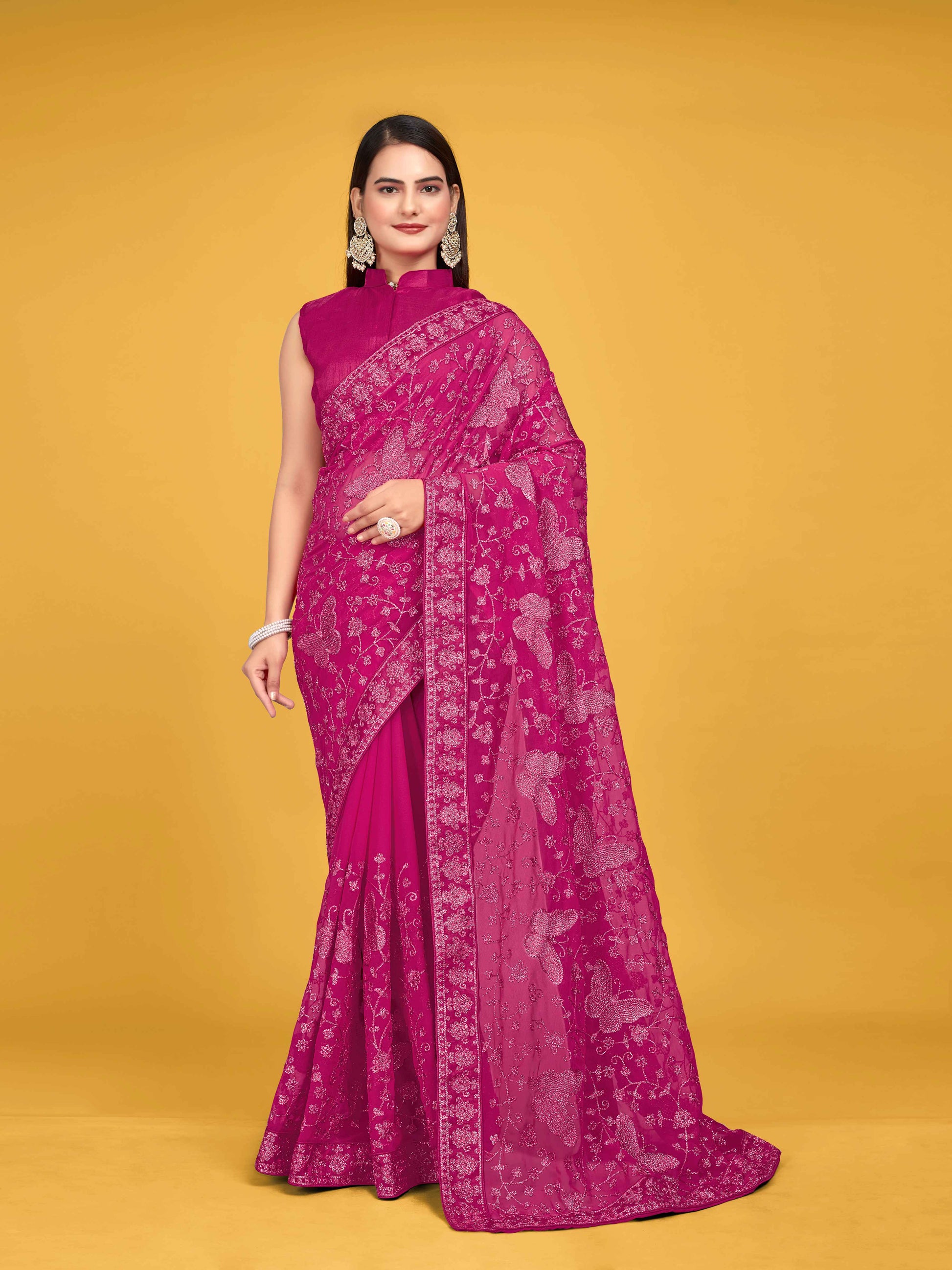 MANOHARI Georgette Embroidered Work Saree - Pink