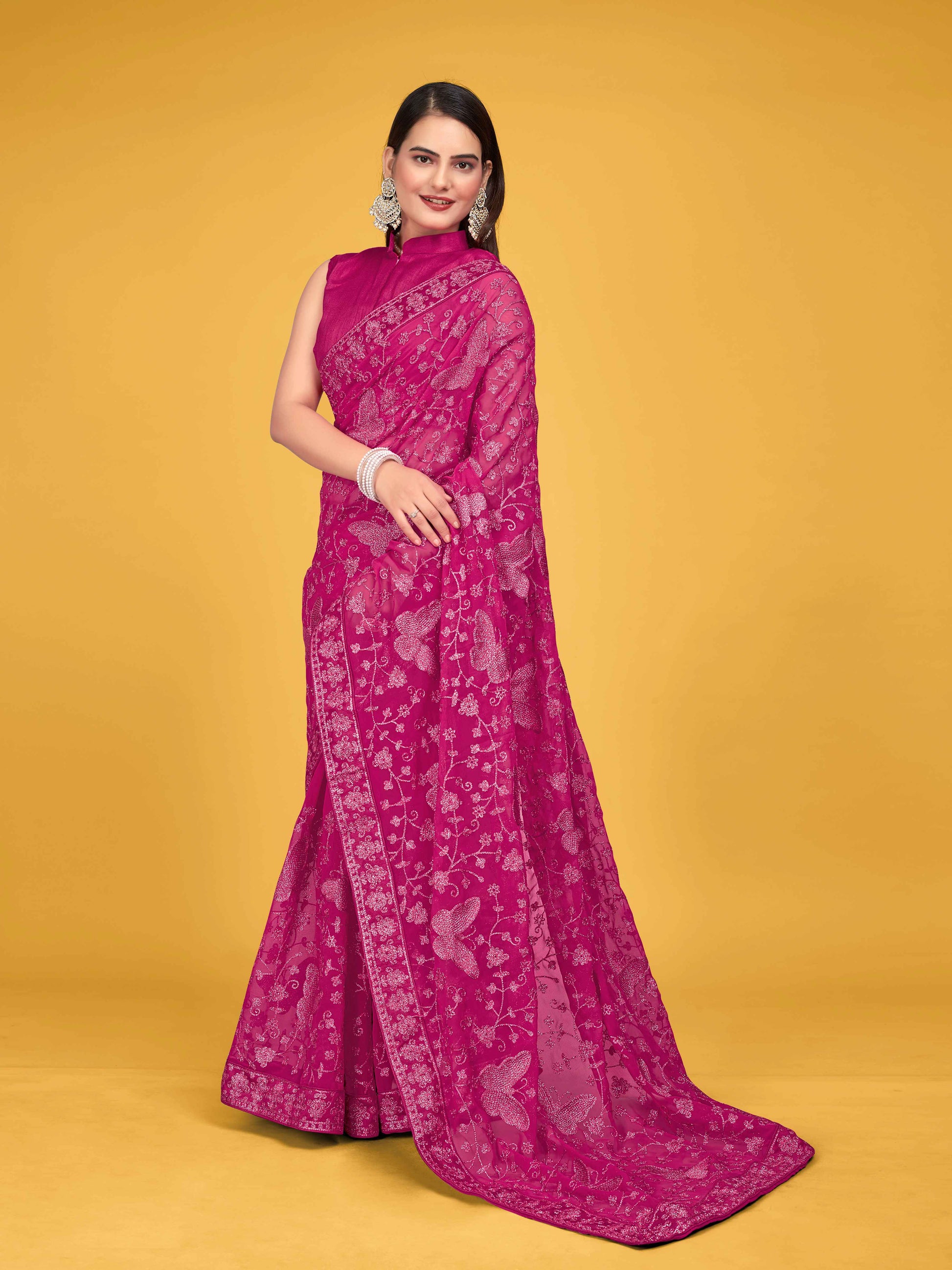 MANOHARI Georgette Embroidered Work Saree - Pink