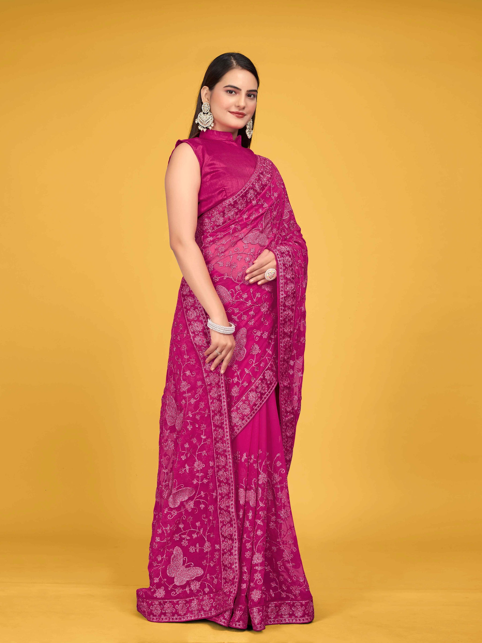 MANOHARI Georgette Embroidered Work Saree - Pink