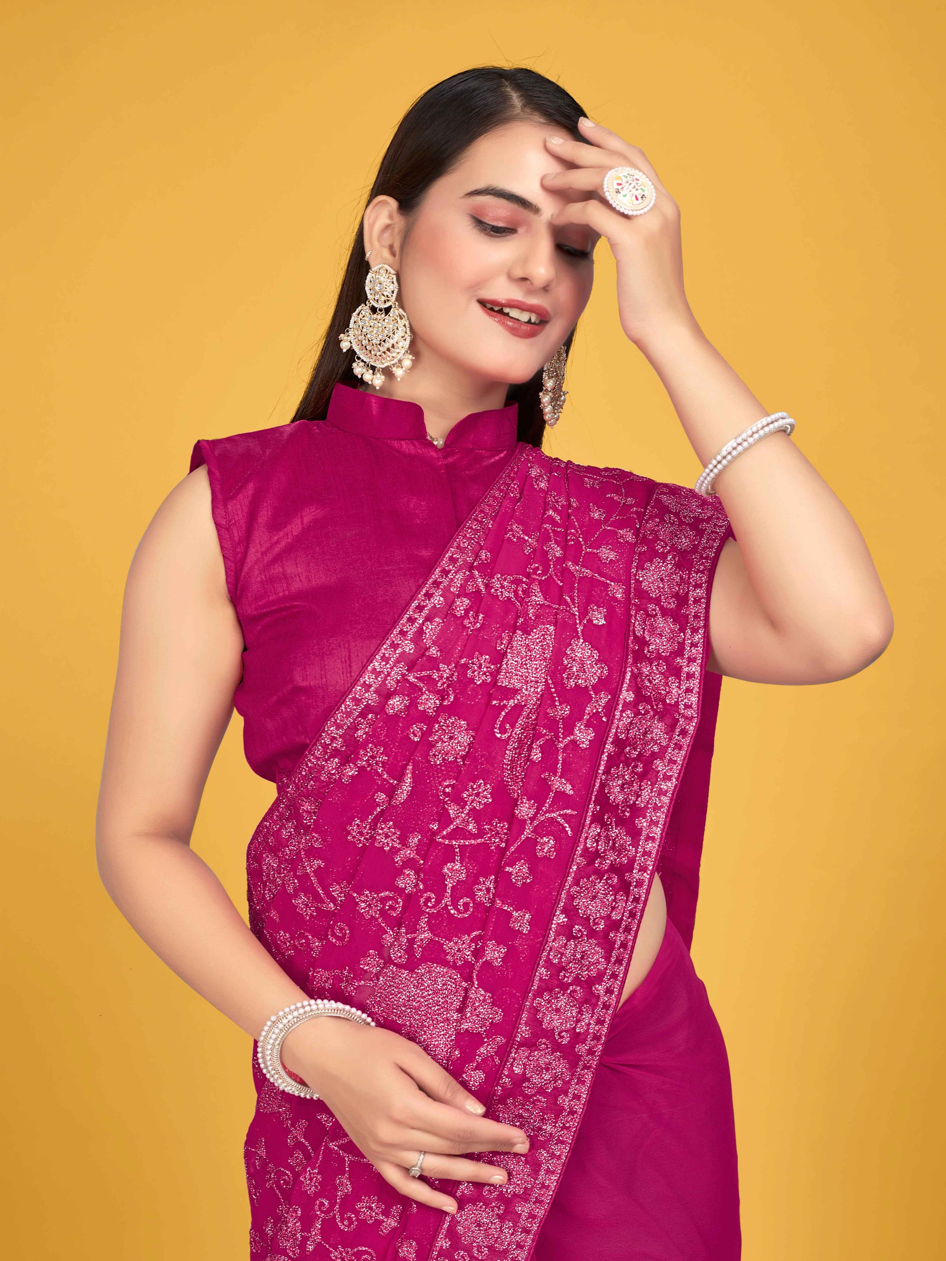 MANOHARI Georgette Embroidered Work Saree - Pink