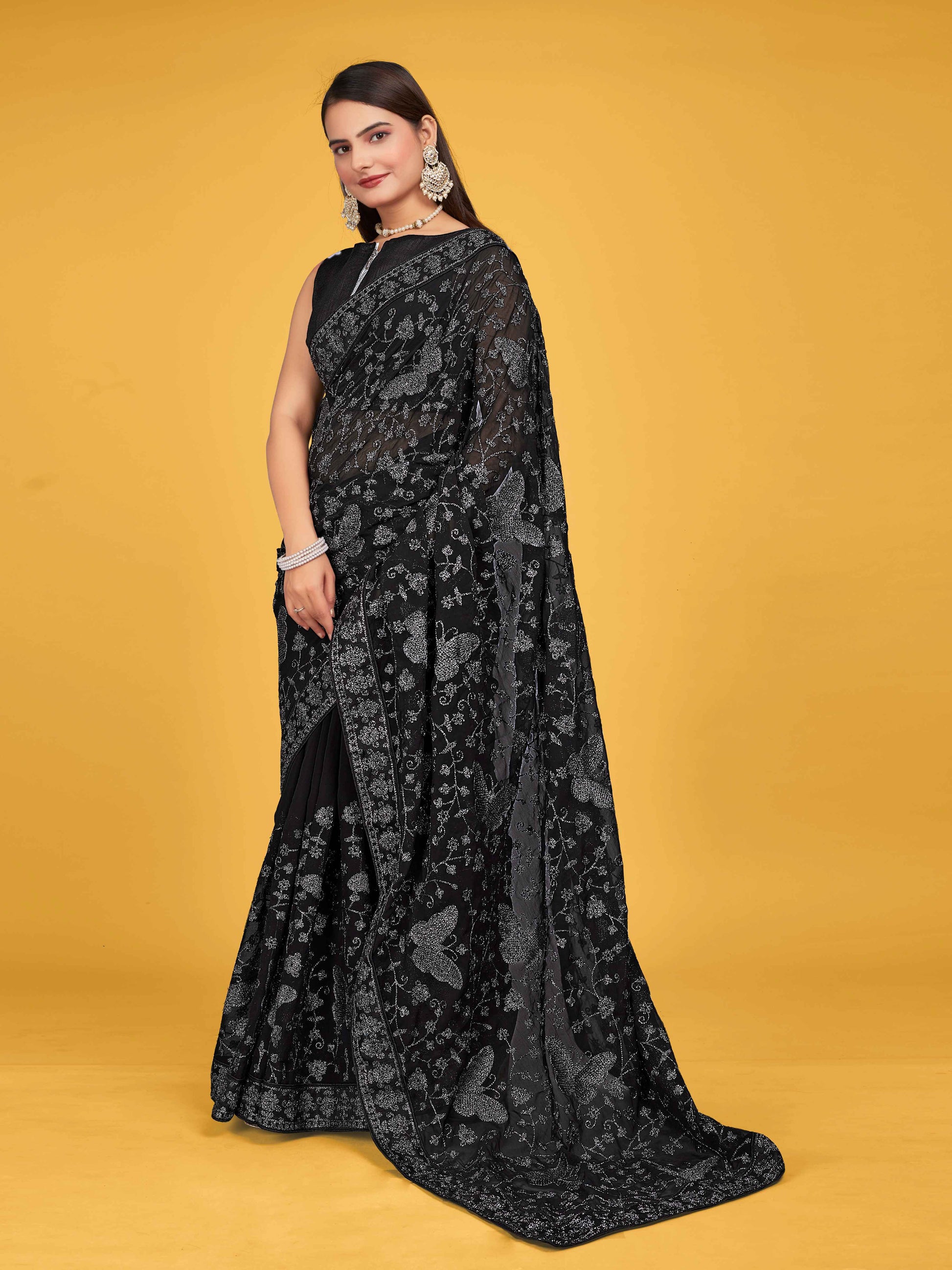 MANOHARI Georgette Embroidered Work Saree - Black