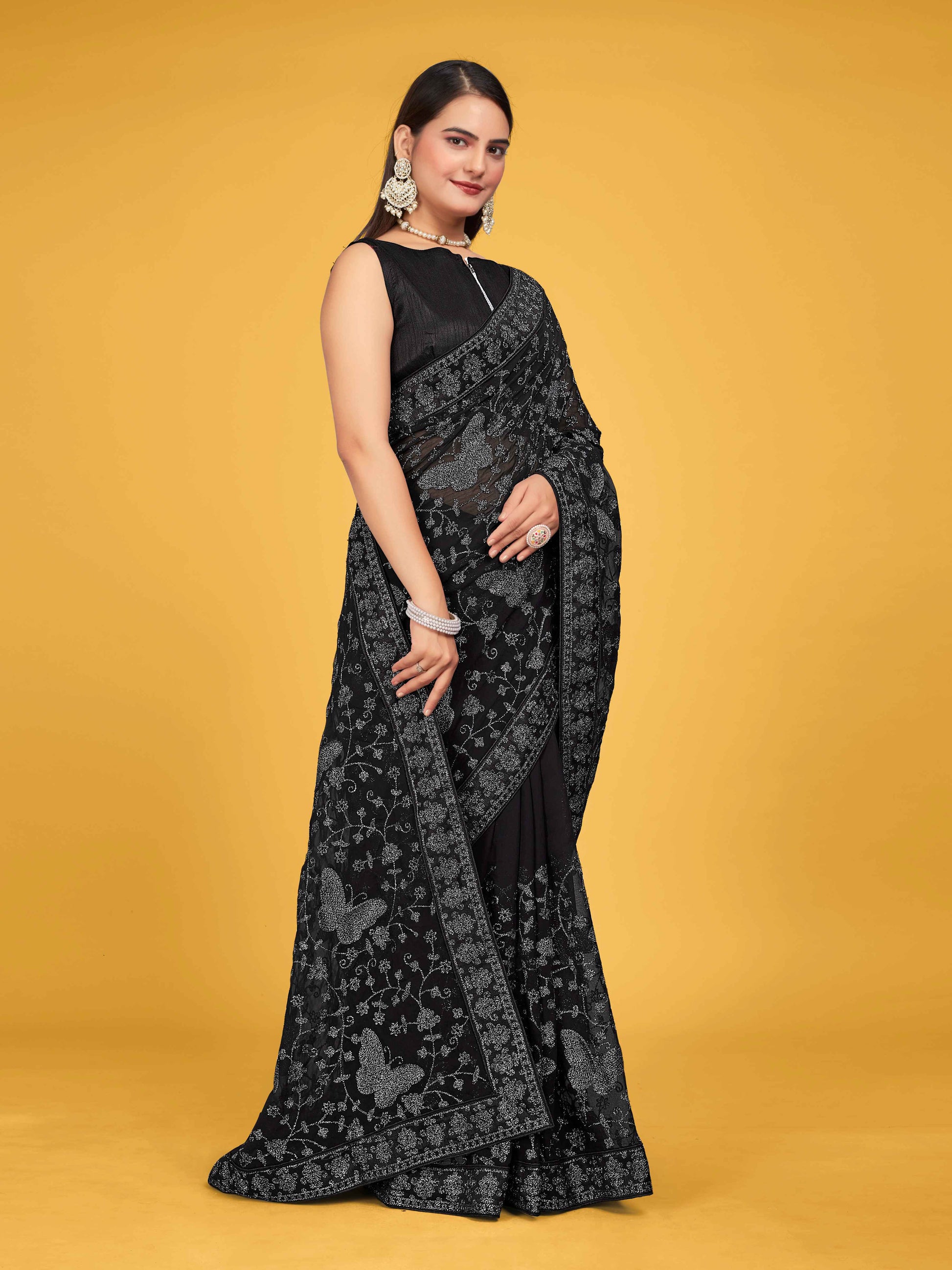 MANOHARI Georgette Embroidered Work Saree - Black