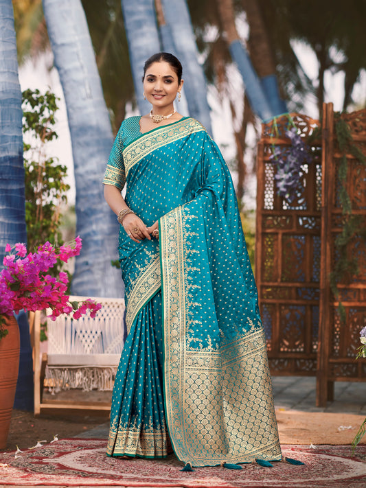 MANOHARI Banarasi Silk Blend Jacquard Work Saree - Turquoise